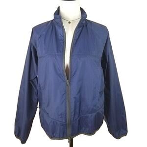 Lands End Women Packable Jacket M Navy Blue Zip Front Rain Wind Light Gorpcore
